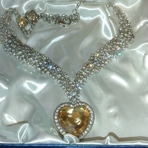 Stainless Steel Champagne and Diamond Heart Necklace Set